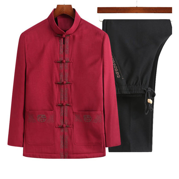 Traje Tang con bordado de personajes Fu de Buddha Stones y botones de rana para hombre, chaqueta de manga larga, camisa y pantalones - Chaqueta roja + pantalones negros - US/UK/AU44, EU54 (4XL) - image 7