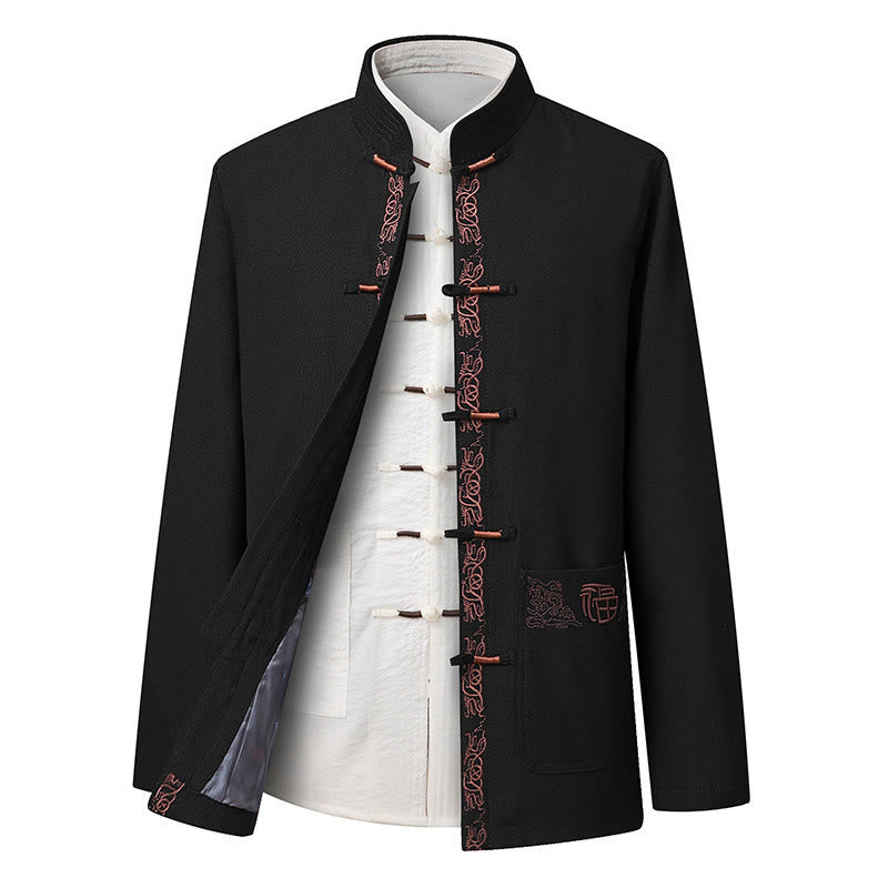 Traje Tang con bordado de personajes Fu de Buddha Stones y botones de rana para hombre, chaqueta de manga larga, camisa y pantalones - Chaqueta negra (solo la chaqueta) - US/UK/AU44, EU54 (4XL) - image 8