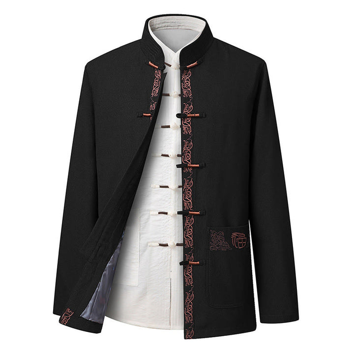 Traje Tang con bordado de personajes Fu de Buddha Stones y botones de rana para hombre, chaqueta de manga larga, camisa y pantalones - Chaqueta negra (solo la chaqueta) - US/UK/AU44, EU54 (4XL) - image 8