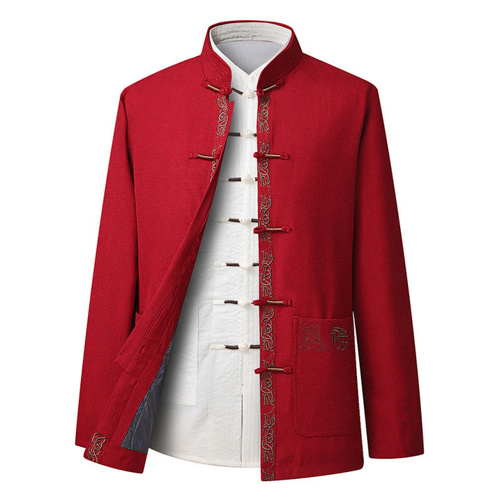 Traje Tang con bordado de personajes Fu de Buddha Stones y botones de rana para hombre, chaqueta de manga larga, camisa y pantalones - Chaqueta roja (solo la chaqueta) - US/UK/AU44, EU54 (4XL) - image 10
