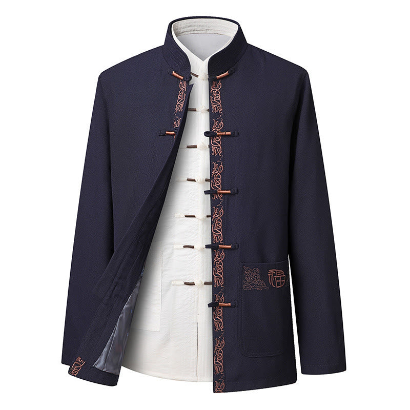 Traje Tang con bordado de personajes Fu de Buddha Stones y botones de rana para hombre, chaqueta de manga larga, camisa y pantalones - Chaqueta SteelBlue (solo la chaqueta) - US/UK/AU44, EU54 (4XL) - image 9