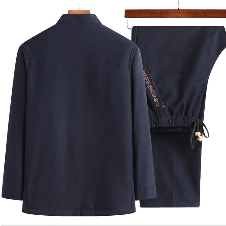 Traje Tang con bordado de personajes Fu de Buddha Stones y botones de rana para hombre, chaqueta de manga larga, camisa y pantalones - image 6