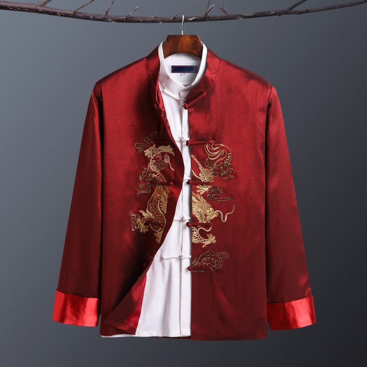 Chaqueta de manga larga para hombre con bordado de dragón y botones de rana de Buddha Stones para primavera y otoño - Un dragón rojo - US/UK/AU42, EU52 (3XL) - image 6