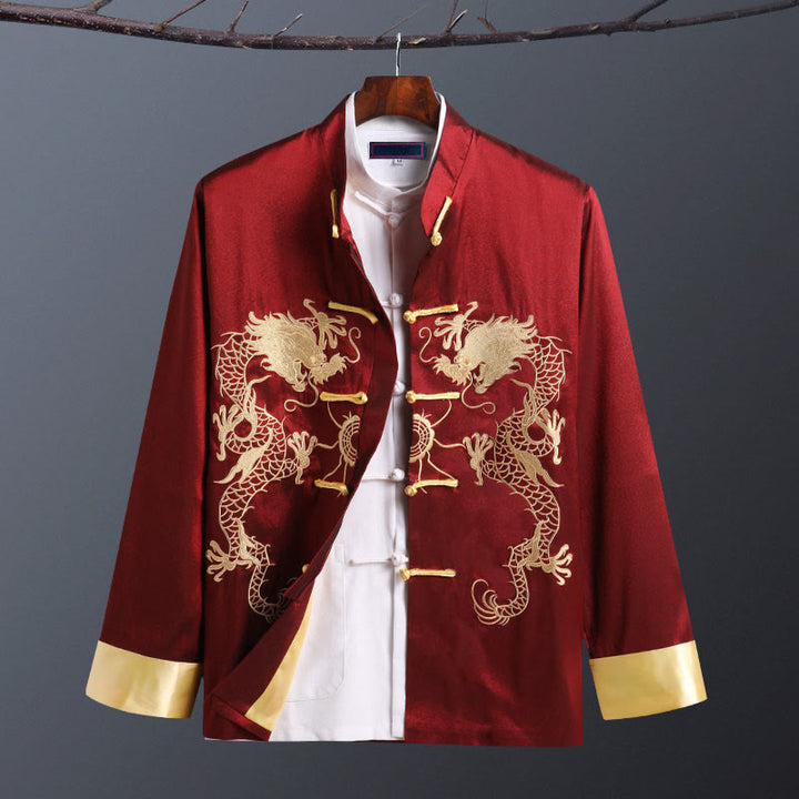 Chaqueta de manga larga para hombre con bordado de dragón y botones de rana de Buddha Stones para primavera y otoño - Doble Dragón Rojo - US/UK/AU42, EU52 (3XL) - image 10