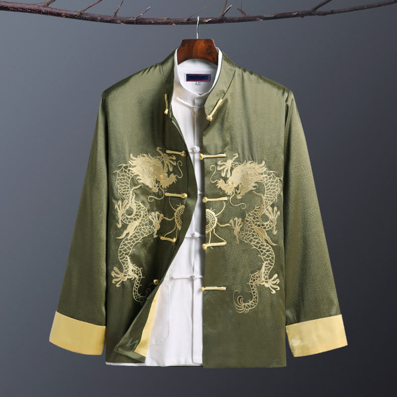 Chaqueta de manga larga para hombre con bordado de dragón y botones de rana de Buddha Stones para primavera y otoño - Doble Dragón Verde - US/UK/AU42, EU52 (3XL) - image 11