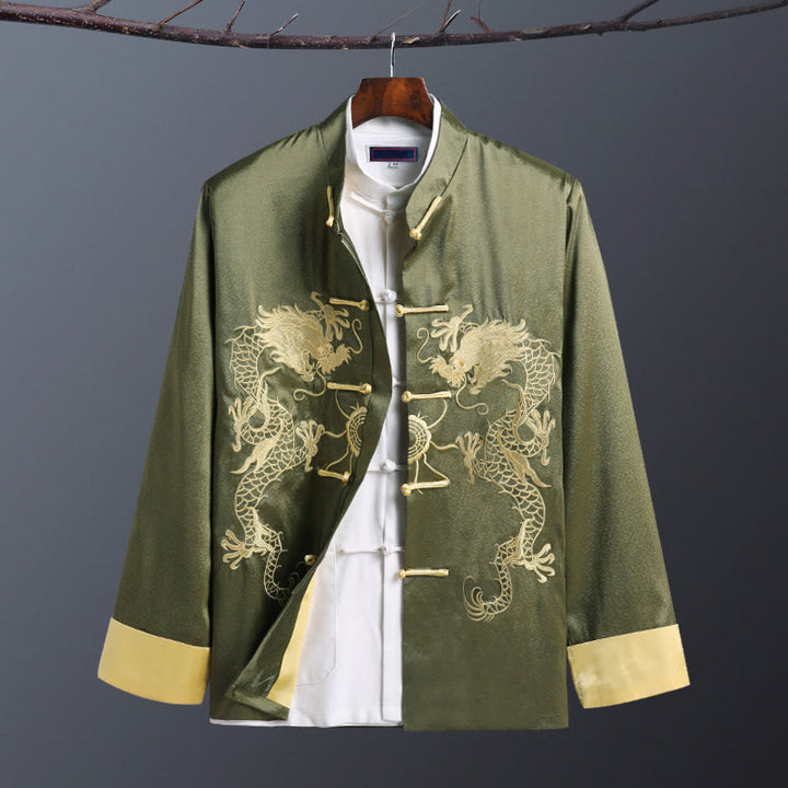 Chaqueta de manga larga para hombre con bordado de dragón y botones de rana de Buddha Stones para primavera y otoño - Doble Dragón Verde - US/UK/AU42, EU52 (3XL) - image 11