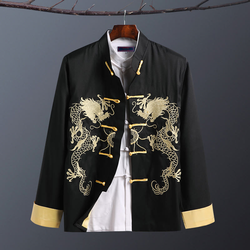 Chaqueta de manga larga para hombre con bordado de dragón y botones de rana de Buddha Stones para primavera y otoño - Doble Dragón Negro - US/UK/AU42, EU52 (3XL) - image 12