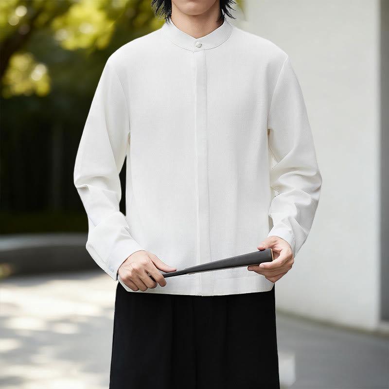 Camisa de lino y algodón de manga larga para hombre, estilo kimono de pana, color blanco liso, con estampado de Buddha Stones de otoño - Camisa blanca - US/UK/AU46, EU56 (5XL) - image 0