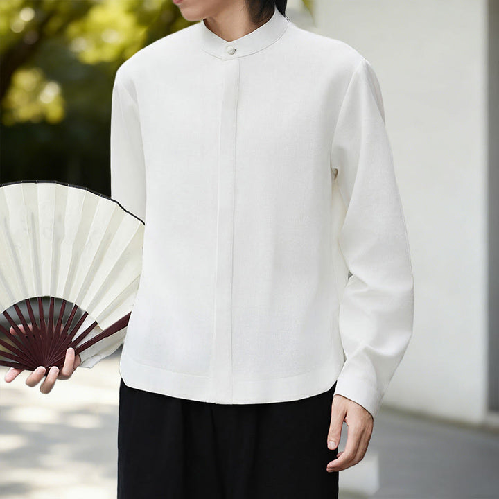 Camisa de manga larga de algodón y lino para hombre, color blanco liso, con estampado de Buddha Stones. - image 2
