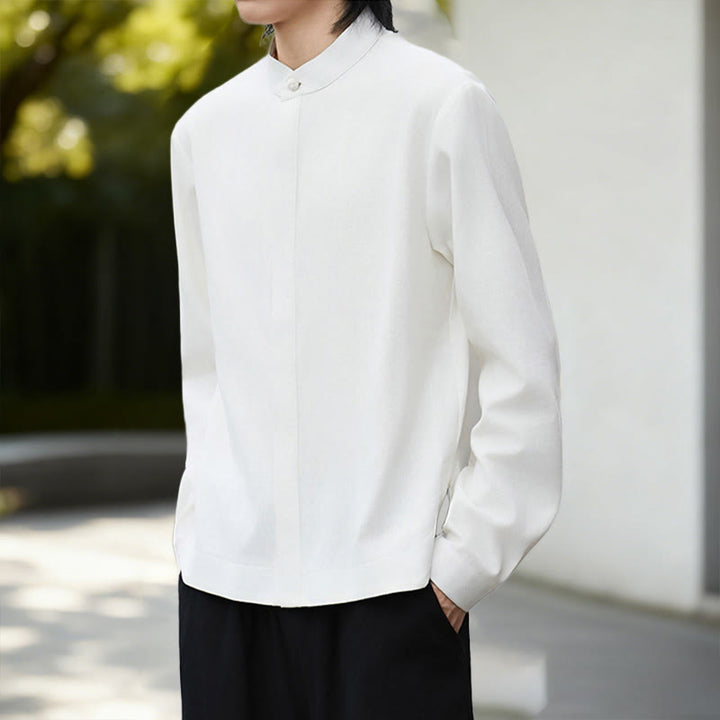 Camisa de manga larga de algodón y lino para hombre, color blanco liso, con estampado de Buddha Stones. - image 6