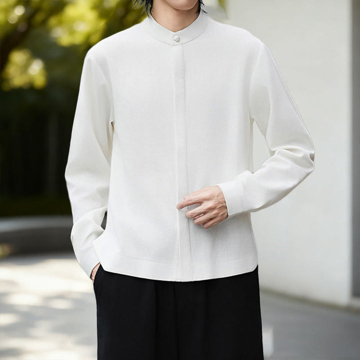 Camisa de manga larga de algodón y lino para hombre, color blanco liso, con estampado de Buddha Stones. - image 7