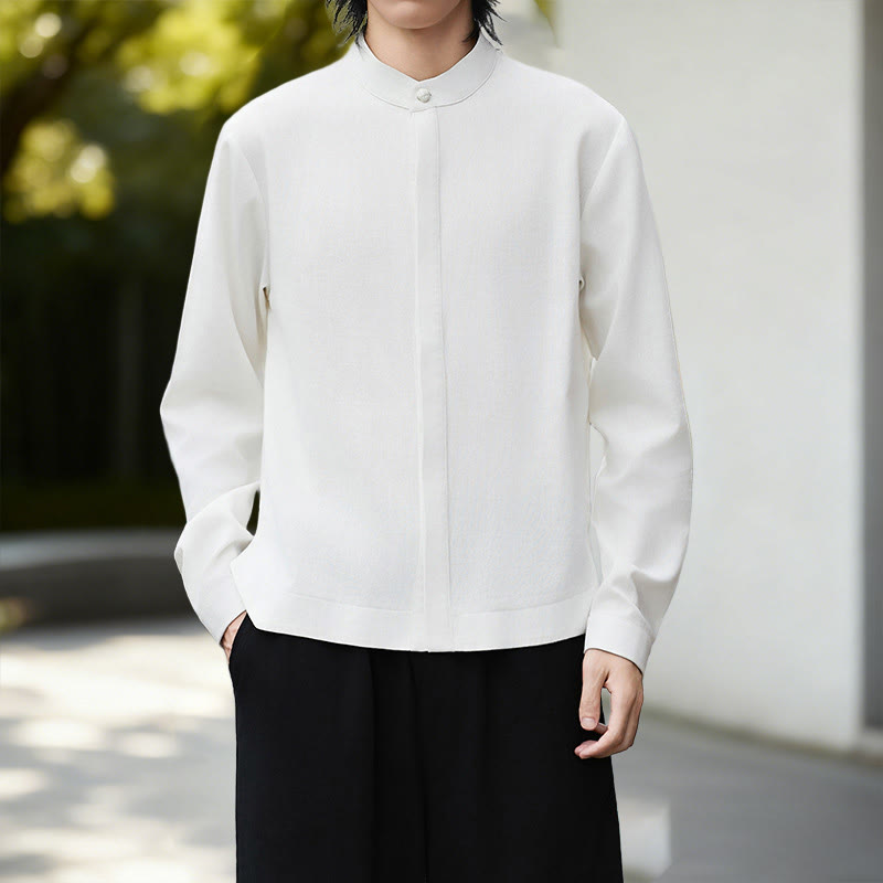 Camisa de manga larga de algodón y lino para hombre, color blanco liso, con estampado de Buddha Stones. - image 1