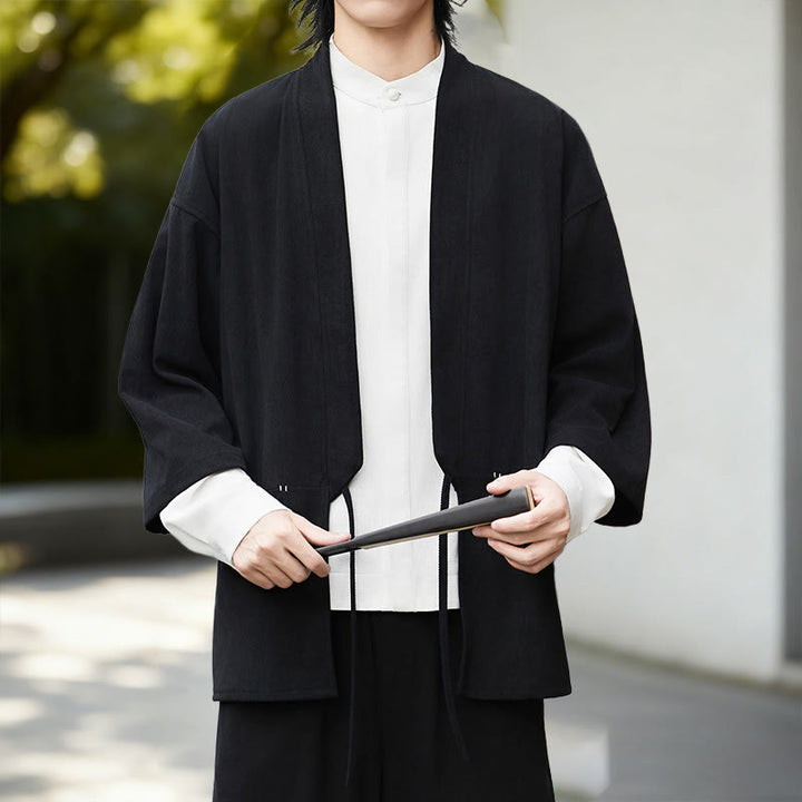 Chaqueta de pana de manga larga con abertura frontal y Buddha Stones, color liso, estilo kimono para hombre, camisa de lino y algodón - Kimono negro - US/UK/AU46, EU56 (5XL) - image 0