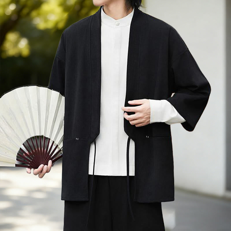 Chaqueta de pana de manga larga con abertura frontal y Buddha Stones, color liso, estilo kimono para hombre, camisa de lino y algodón - image 2