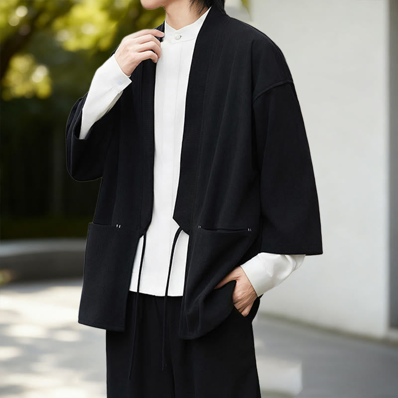 Chaqueta de pana de manga larga con abertura frontal y Buddha Stones, color liso, estilo kimono para hombre, camisa de lino y algodón - image 4