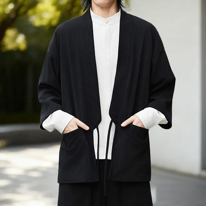 Chaqueta de pana de manga larga con abertura frontal y Buddha Stones, color liso, estilo kimono para hombre, camisa de lino y algodón - image 6