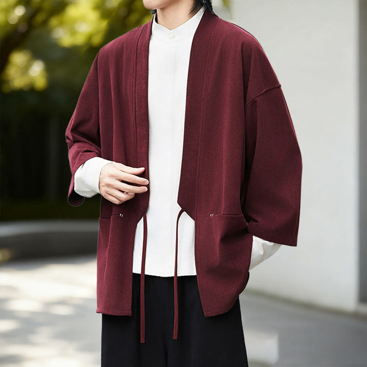 Chaqueta de pana de manga larga con abertura frontal y Buddha Stones, color liso, estilo kimono para hombre, camisa de lino y algodón - image 10