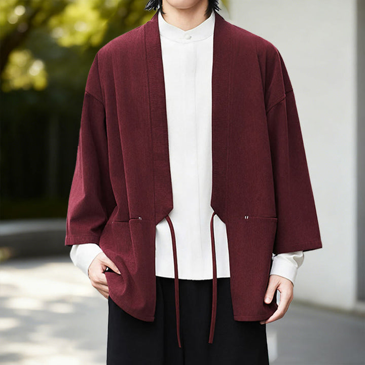 Chaqueta de pana de manga larga con abertura frontal y Buddha Stones, color liso, estilo kimono para hombre, camisa de lino y algodón - image 9