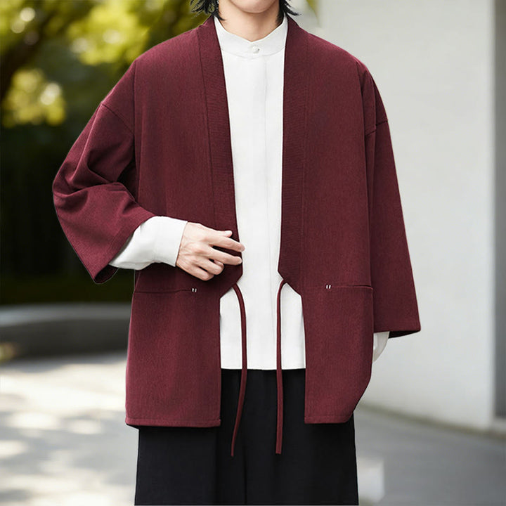 Chaqueta de pana de manga larga con abertura frontal y Buddha Stones, color liso, estilo kimono para hombre, camisa de lino y algodón - image 13