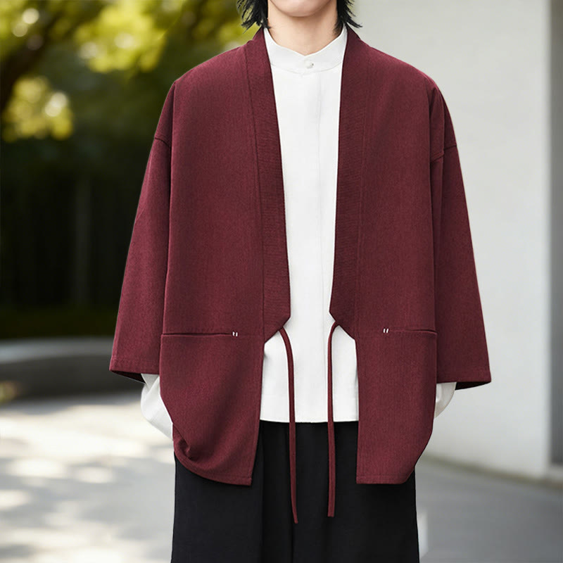 Chaqueta de pana de manga larga con abertura frontal y Buddha Stones, color liso, estilo kimono para hombre, camisa de lino y algodón - image 14