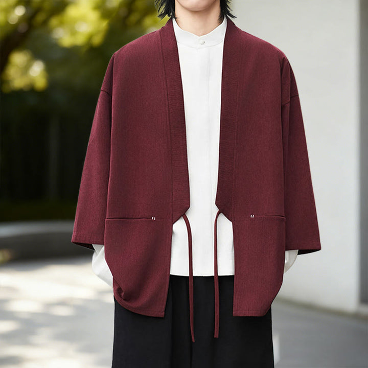 Chaqueta de pana de manga larga con abertura frontal y Buddha Stones, color liso, estilo kimono para hombre, camisa de lino y algodón - image 14