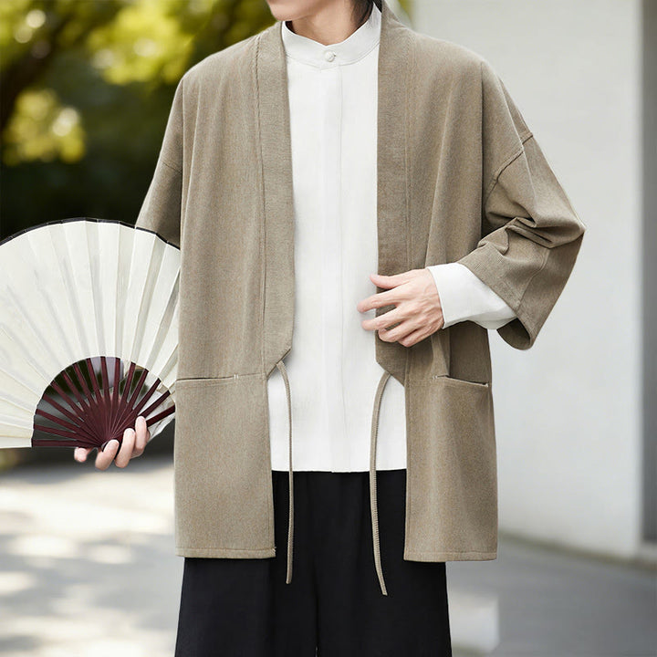 Chaqueta de pana de manga larga con abertura frontal y Buddha Stones, color liso, estilo kimono para hombre, camisa de lino y algodón - image 16