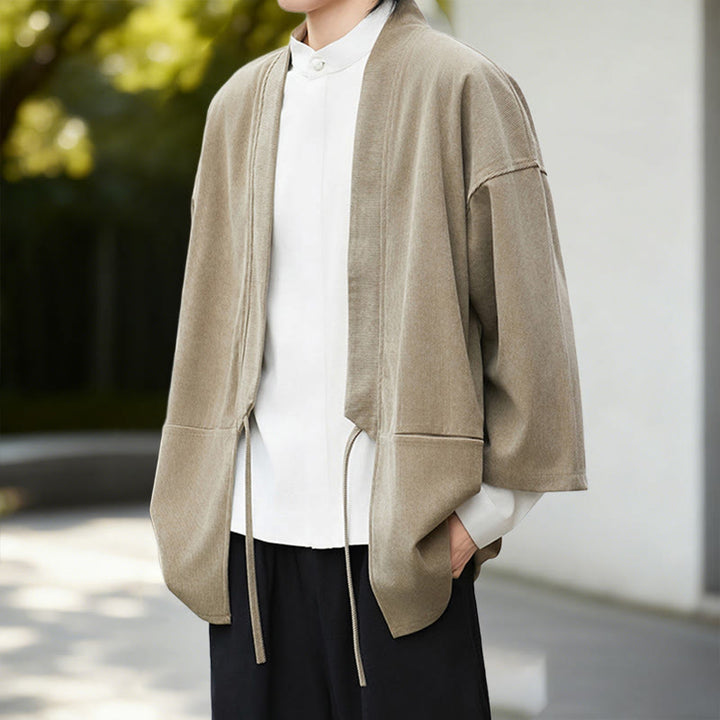 Chaqueta de pana de manga larga con abertura frontal y Buddha Stones, color liso, estilo kimono para hombre, camisa de lino y algodón - image 18