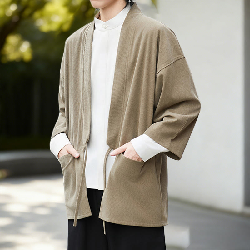 Chaqueta de pana de manga larga con abertura frontal y Buddha Stones, color liso, estilo kimono para hombre, camisa de lino y algodón - image 20