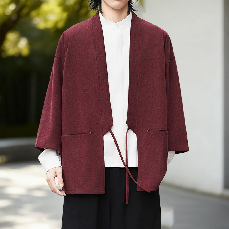 Camisa de lino y algodón de manga larga para hombre, estilo kimono de pana, color blanco liso, con estampado de Buddha Stones de otoño - Kimono rojo oscuro - US/UK/AU46, EU56 (5XL) - image 12