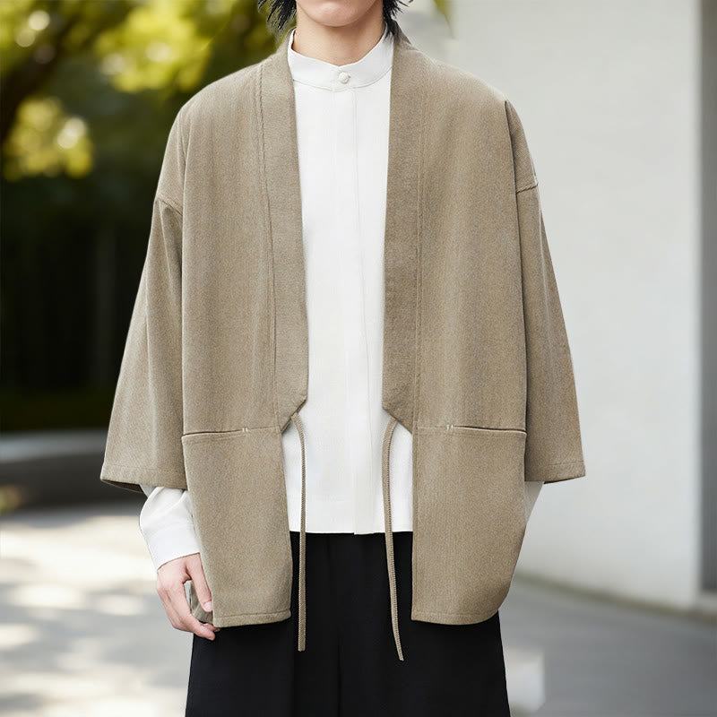 Camisa de lino y algodón de manga larga para hombre, estilo kimono de pana, color blanco liso, con estampado de Buddha Stones de otoño - Kimono de trigo - US/UK/AU46, EU56 (5XL) - image 14