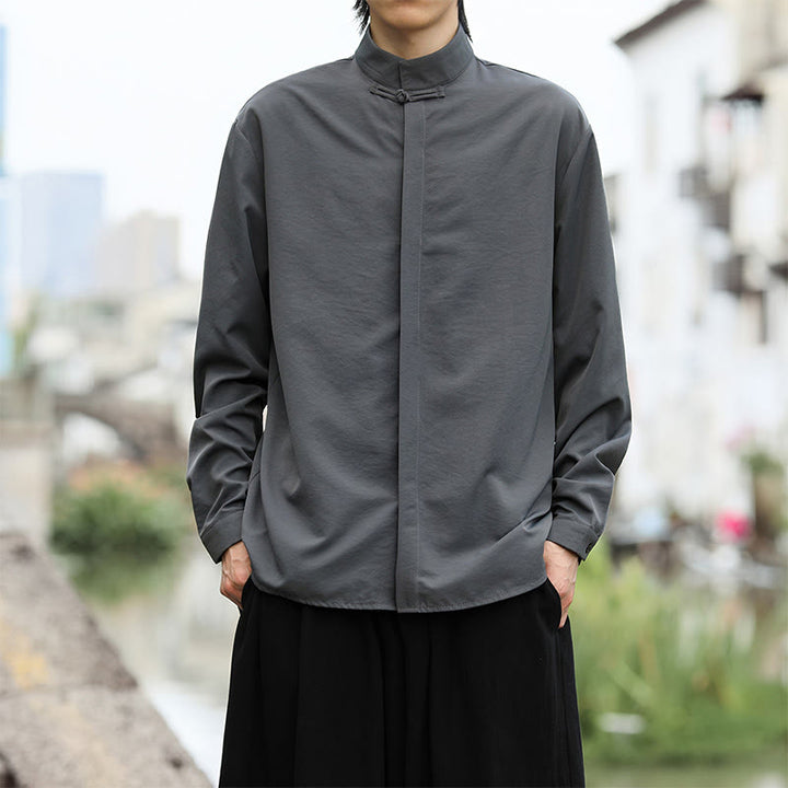 Camisa de algodón de manga larga para hombre con un solo botón de rana y Buddha Stones en color liso - Gris - US/UK/AU46, EU56 (5XL) - image 0