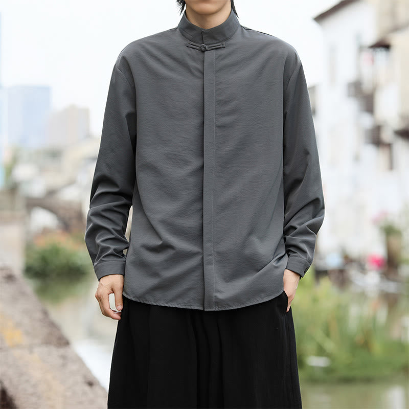 Camisa de algodón de manga larga para hombre con un solo botón de rana y Buddha Stones en color liso - image 3