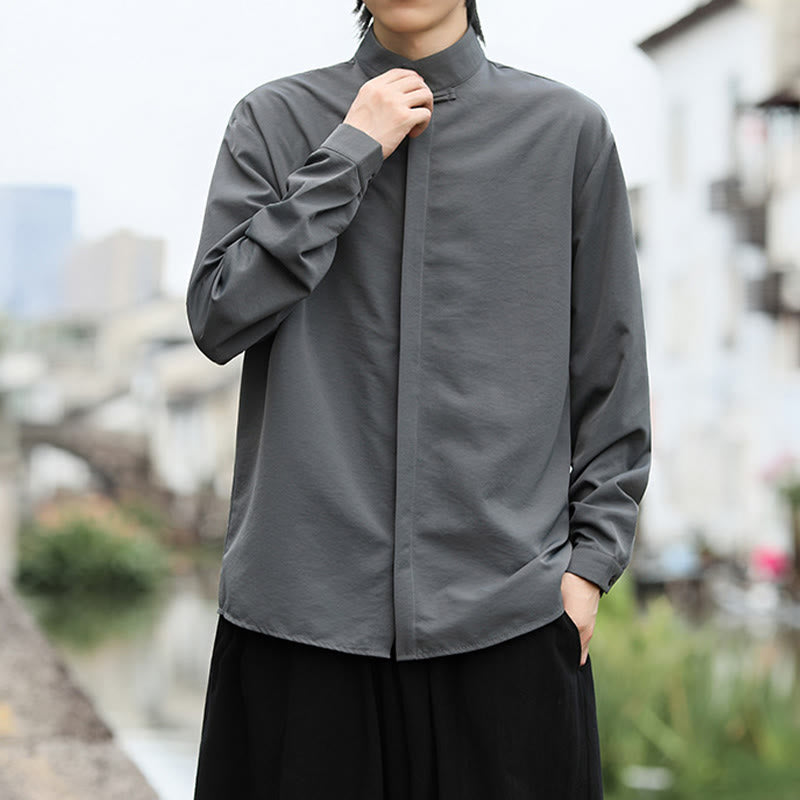 Camisa de algodón de manga larga para hombre con un solo botón de rana y Buddha Stones en color liso - image 2