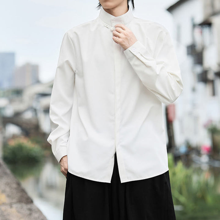 Camisa de algodón de manga larga para hombre con un solo botón de rana y Buddha Stones en color liso - image 9