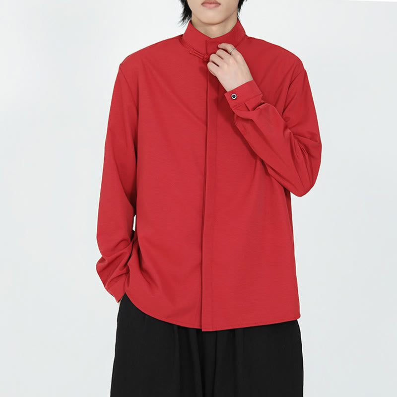 Camisa de algodón de manga larga para hombre con un solo botón de rana y Buddha Stones en color liso - image 13