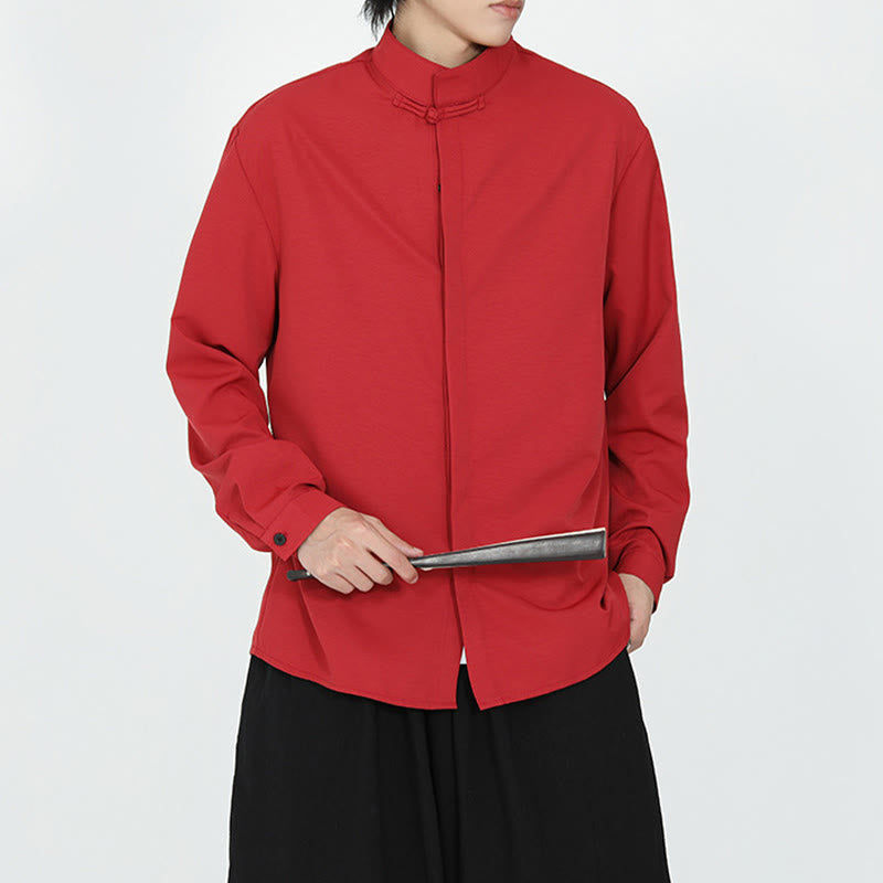 Camisa de algodón de manga larga para hombre con un solo botón de rana y Buddha Stones en color liso - image 12