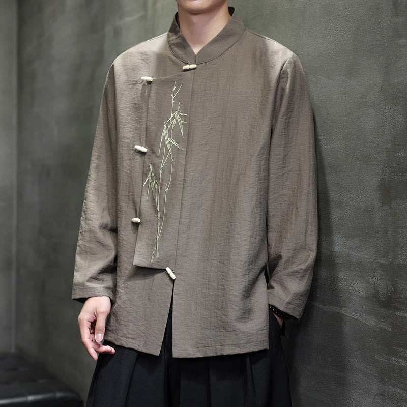 Camisa de lino y algodón de manga larga para hombre con bordado de hojas de bambú de color liso y Buddha Stones - image 1