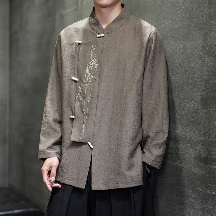 Camisa de lino y algodón de manga larga para hombre con bordado de hojas de bambú de color liso y Buddha Stones - image 1