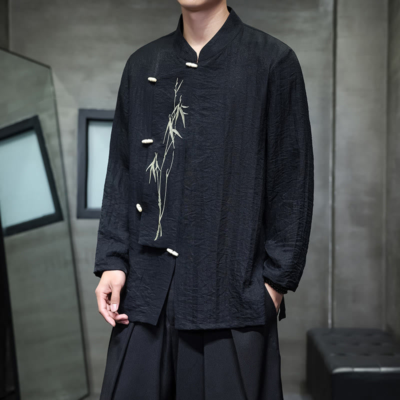 Camisa de lino y algodón de manga larga para hombre con bordado de hojas de bambú de color liso y Buddha Stones - Negro - US/UK/AU46, EU56 (5XL) - image 16