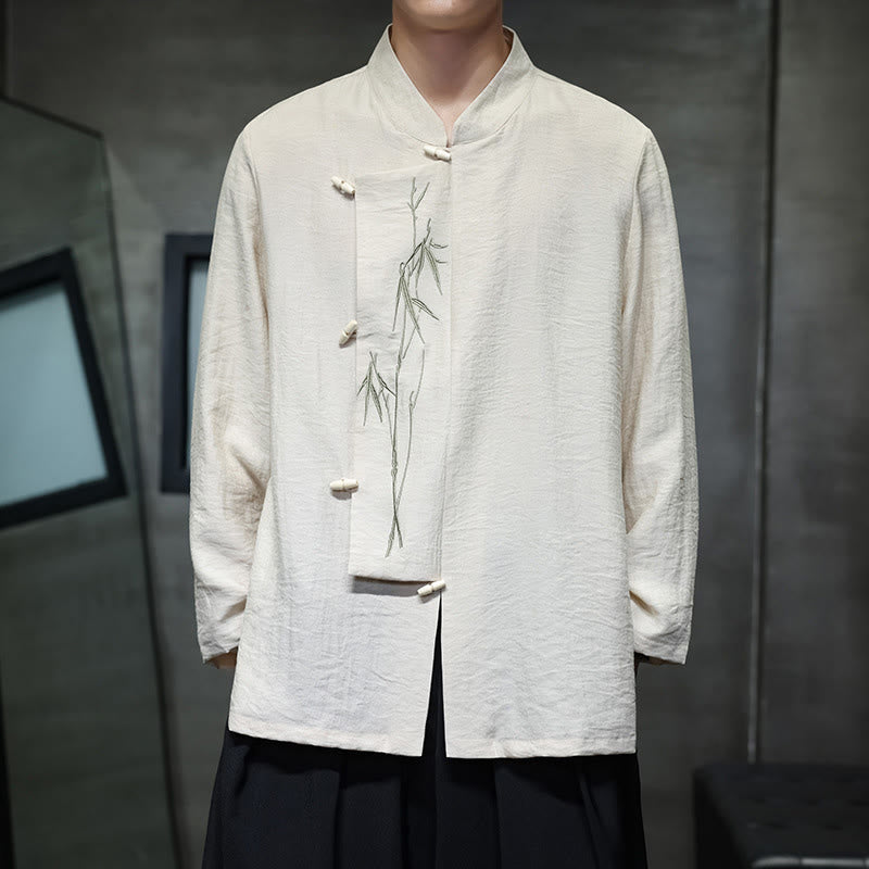 Camisa de lino y algodón de manga larga para hombre con bordado de hojas de bambú de color liso y Buddha Stones - Beige - US/UK/AU46, EU56 (5XL) - image 7