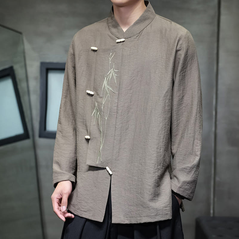 Camisa de lino y algodón de manga larga para hombre con bordado de hojas de bambú de color liso y Buddha Stones - image 4