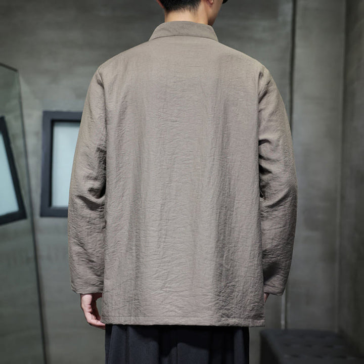 Camisa de lino y algodón de manga larga para hombre con bordado de hojas de bambú de color liso y Buddha Stones - image 3