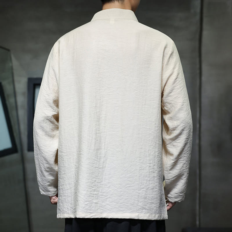 Camisa de lino y algodón de manga larga para hombre con bordado de hojas de bambú de color liso y Buddha Stones - image 9