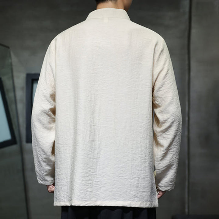 Camisa de lino y algodón de manga larga para hombre con bordado de hojas de bambú de color liso y Buddha Stones - image 9