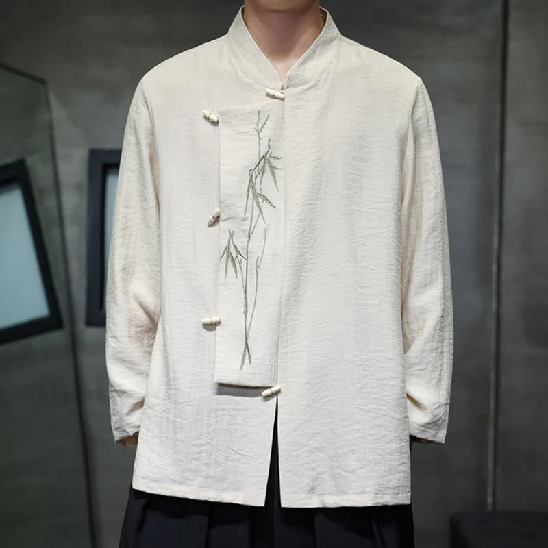 Camisa de lino y algodón de manga larga para hombre con bordado de hojas de bambú de color liso y Buddha Stones - image 10