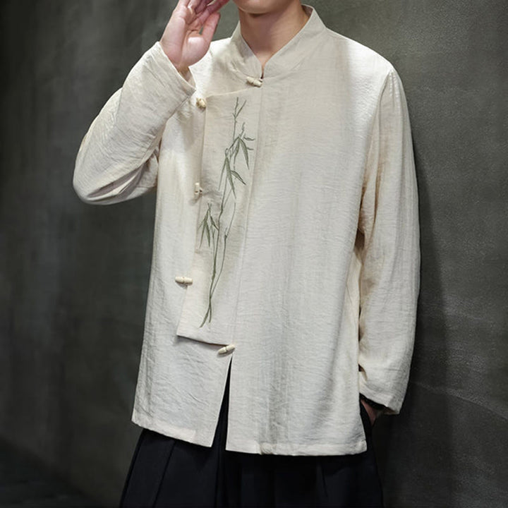 Camisa de lino y algodón de manga larga para hombre con bordado de hojas de bambú de color liso y Buddha Stones - image 12