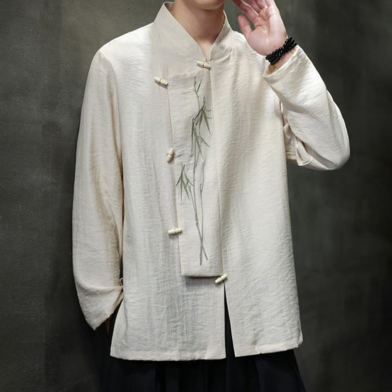 Camisa de lino y algodón de manga larga para hombre con bordado de hojas de bambú de color liso y Buddha Stones - image 11