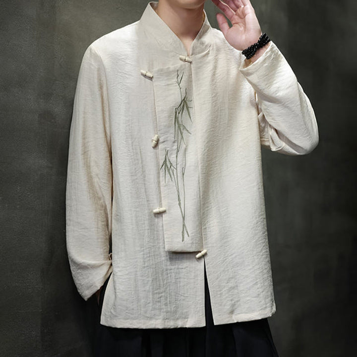 Camisa de lino y algodón de manga larga para hombre con bordado de hojas de bambú de color liso y Buddha Stones - image 11