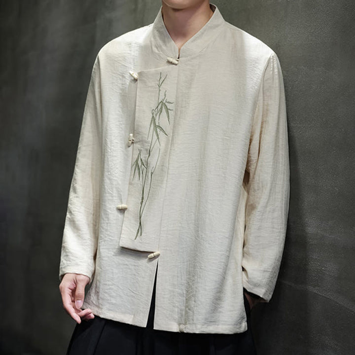 Camisa de lino y algodón de manga larga para hombre con bordado de hojas de bambú de color liso y Buddha Stones - image 14