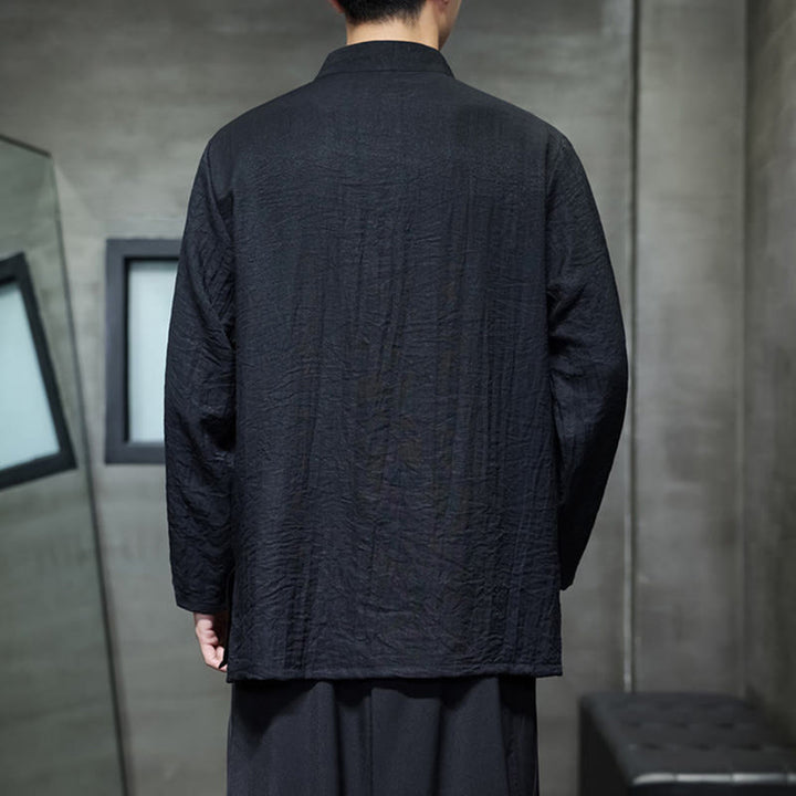 Camisa de lino y algodón de manga larga para hombre con bordado de hojas de bambú de color liso y Buddha Stones - image 19